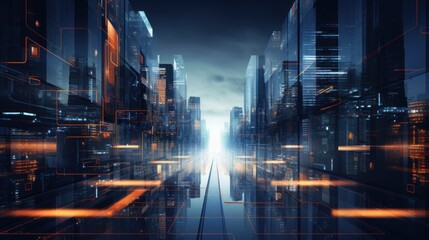 Fototapeta premium IT Technology rushing between architecture, flows and line behind the buildings