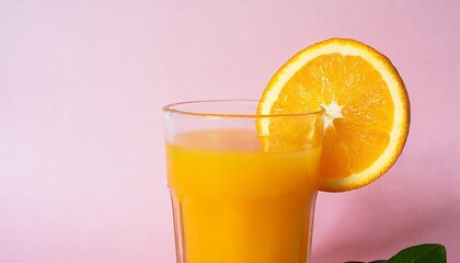 a glass of orange juice with a slice of orange on a pink background minimal aesthetic beverage concept