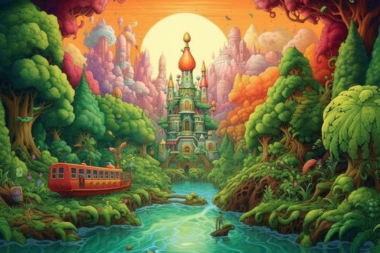 Illustration of a vibrant forest with trees, boat, train, castle, and jungle scenery depicting a whimsical fantasy nature drawing. Generative AI
