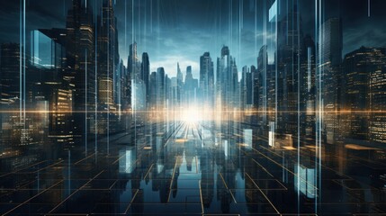 IT Technology rushing between architecture, flows and line behind the buildings