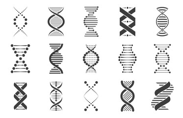Black dna icons. Biotechnology and molecular biology abstract symbols, spiral genetic molecule sequence code for pharmacy and healthcare. Vector set