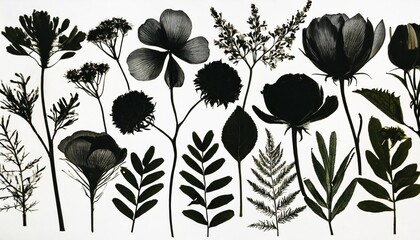 hand drawn of detailed black silhouettes of flowers and herbs on white background botanical sketch flowers collection tattoo wall art branding and packaging design - obrazy, fototapety, plakaty