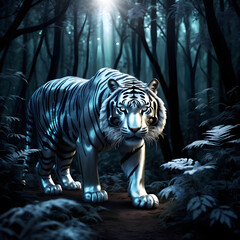 Silver glowing magical tiger in dark forest