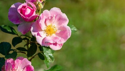 art beautiful wild pink rose flowers in summer morning with copy space