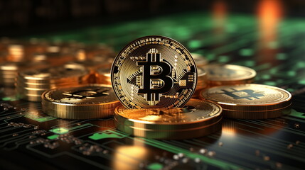 3D gold Bitcoin on price candlestick chart background. rising up Increasing Value prices grow up Concept. Generated AI