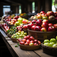 Fresh Apple Harvest in Rustic Baskets - Varied Colors, Farm Market Appeal, Indoor Natural Lighting - Ai Generated
