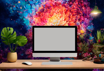 a computer monitor stands on a table against a wallpaper of bright colors