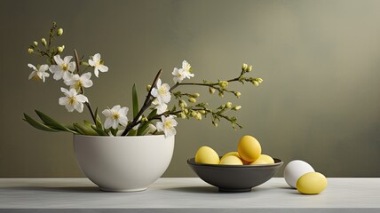 Blooming spring tree branches in a vase and Easter eggs, Easter minimalism showcasing the simplicity and elegance of holiday decor.