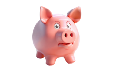 Isolated surprised pink piggy bank looking over transparent background. Concept of preserving and saving money. 