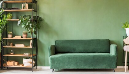 green sofa and chair against green wall with book shelf scandinavian home interior design of modern living room with greenery