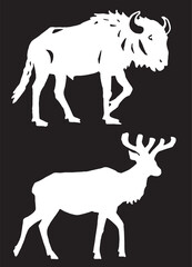 Graphical silhouette of deer and bull on black background,vector illustration	