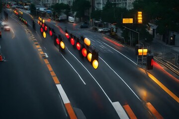 Fototapeta premium Reflection of the traffic lights on the road at night.