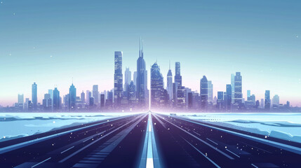 Future city on a horizon with highway road fast going to it vector abstract background metropolis skyline with speed highway road to town. 