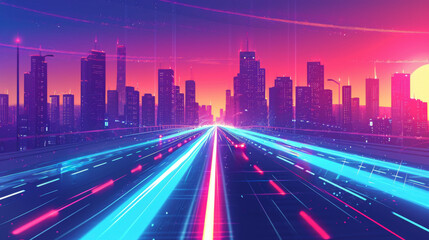 Fototapeta na wymiar Future city on a horizon with highway road fast going to it vector abstract background metropolis skyline with speed highway road to town. 
