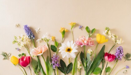 creative arrangement with various spring flowers against pastel beige background minimal nature concept