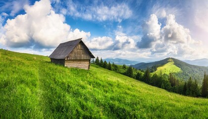 Fototapeta na wymiar majestic rural grassland in the carpathian mountains ukraine rustic lonely wooden house on the green grass summer hill under the beautiful sky with cumulus clouds