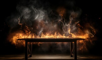 Woden table with Fire burning, fire flames on a dark background to display products AI Image Generative