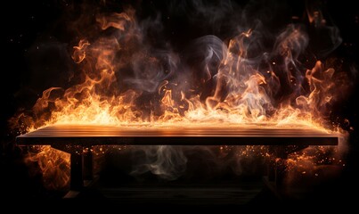 Woden table with Fire burning, fire flames on a dark background to display products AI Image Generative
