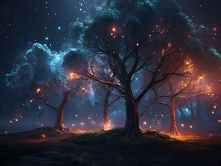 Landscape with trees full of glowing lights