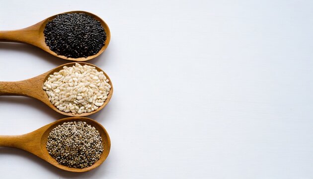 healthy seeds sesame flax seed sunflower seeds pumpkin seed chia and black seed in wooden spoons on a white background top view