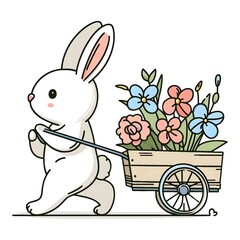 bunny with a cart of flowers