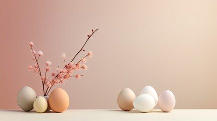 Blooming spring tree branches in a vase and Easter eggs, Easter minimalism showcasing the simplicity and elegance of holiday decor.