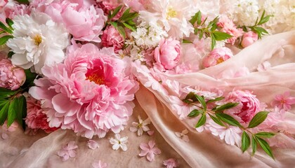 silky pastel pink fabric gently ruffled and adorned with peonies and cherry blossoms