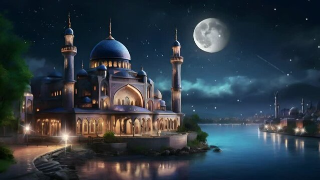 Beautiful Mosque at night with beautiful panorama, Ramadan Background, Eid Mubarak Background