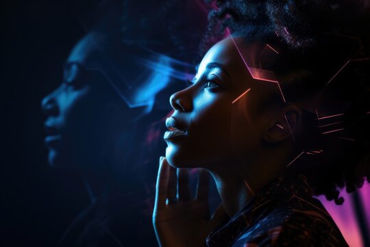 Black History Month, African american woman watching holographic screens. Digital transformation.