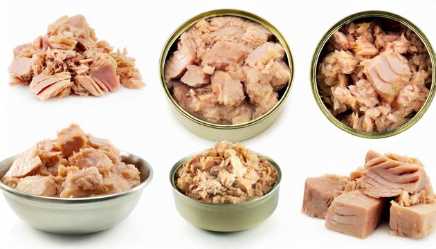 tuna fish isolated canned tuna pieces tuna can on white background collection