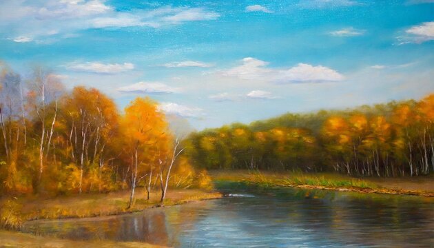 oil painting landscape autumn forest near the river colorful autumn trees
