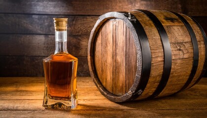liquor bottle next to a wooden barrel that contains whiskey