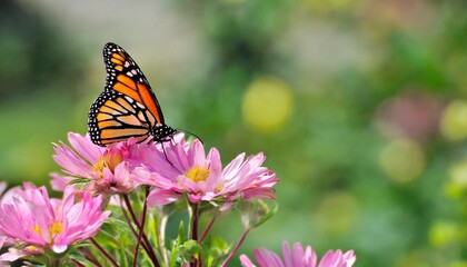 lovely monarch butterflies on pink flowers in a fairy garden summer spring background