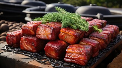 Red braided pork belly cubes in a stone ware UHD wallpaper - obrazy, fototapety, plakaty