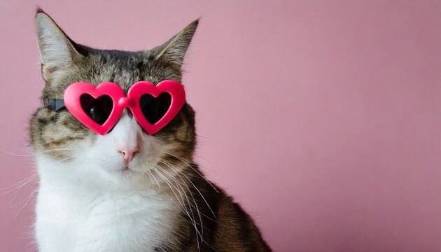 cat wearing heart shaped glasses pink background valentine s day