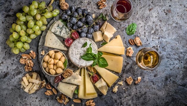 cheese platter with different cheeses fruits nuts and wine on stone background top view tasty cheese starter