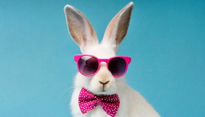 funny easter concept holiday animal celebration greeting card cool easter bunny rabbit with pink sunglasses and bow tie isolated on blue background - obrazy, fototapety, plakaty