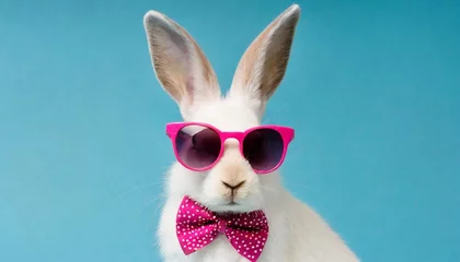 Foto op Canvas funny easter concept holiday animal celebration greeting card cool easter bunny rabbit with pink sunglasses and bow tie isolated on blue background © Heaven