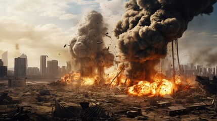 an explosion on a battleground, capturing the chaos, debris, and the profound consequences of conflict. - obrazy, fototapety, plakaty