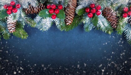 Fototapeta na wymiar christmas new years banner frame form green fir tree branches pine cones red holly berries in snow on dark blue background template with copy space
