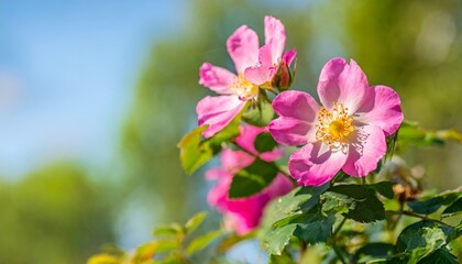 art beautiful wild pink rose flowers in summer morning with copy space