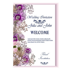 Wedding invitation  red card with  roses and asters