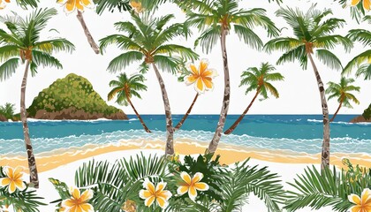beautiful seamless island pattern on white background landscape with palm trees beach and ocean vector hand drawn style