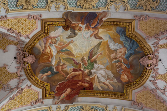 Interior, Ceiling Frescoes by Cosmas Damian, Heilig Geist Church, originally founded in the 14th century, Old Town, Munich, Bavaria