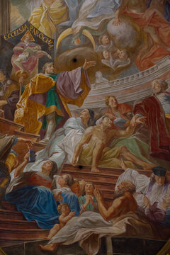Interior, Ceiling Frescoes by Cosmas Damian, Heilig Geist Church, originally founded in the 14th century, Old Town, Munich, Bavaria