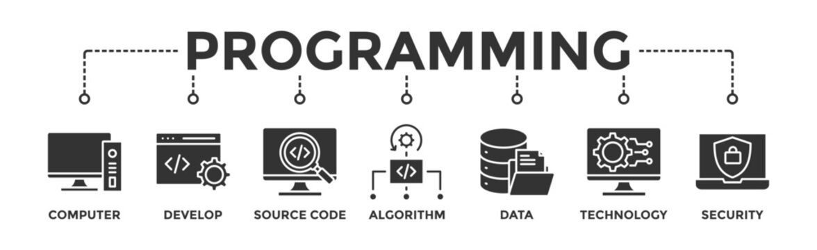 Programming banner web icon vector illustration concept with icon of computer, develop, source code, algorithm, data, technology and security