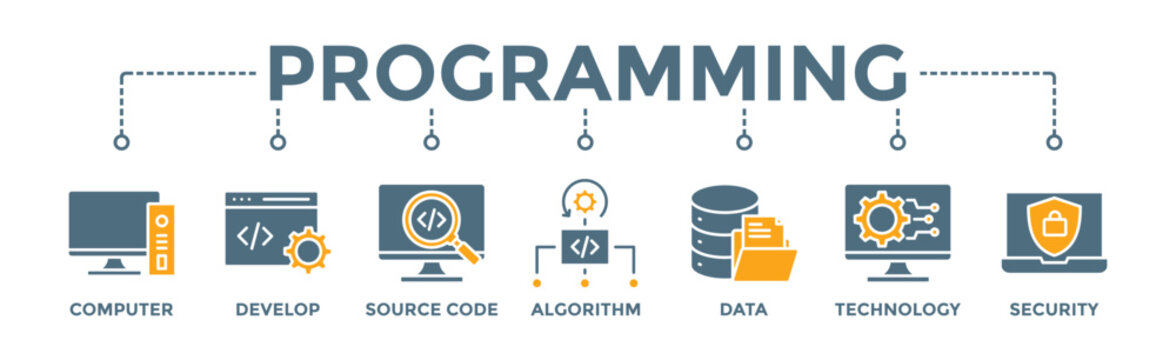 Programming banner web icon vector illustration concept with icon of computer, develop, source code, algorithm, data, technology and security
