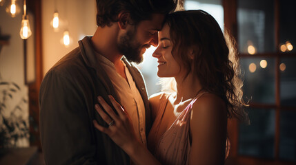 Intimate moment of a young couple in a close embrace, with candlelight creating a romantic atmosphere around them. 