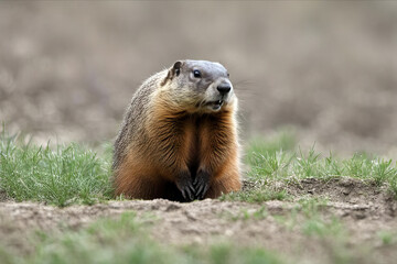 groundhog (Marmota monax) on the grass
