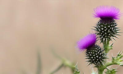 Scottish Thistle flower on blurred background with copy space
